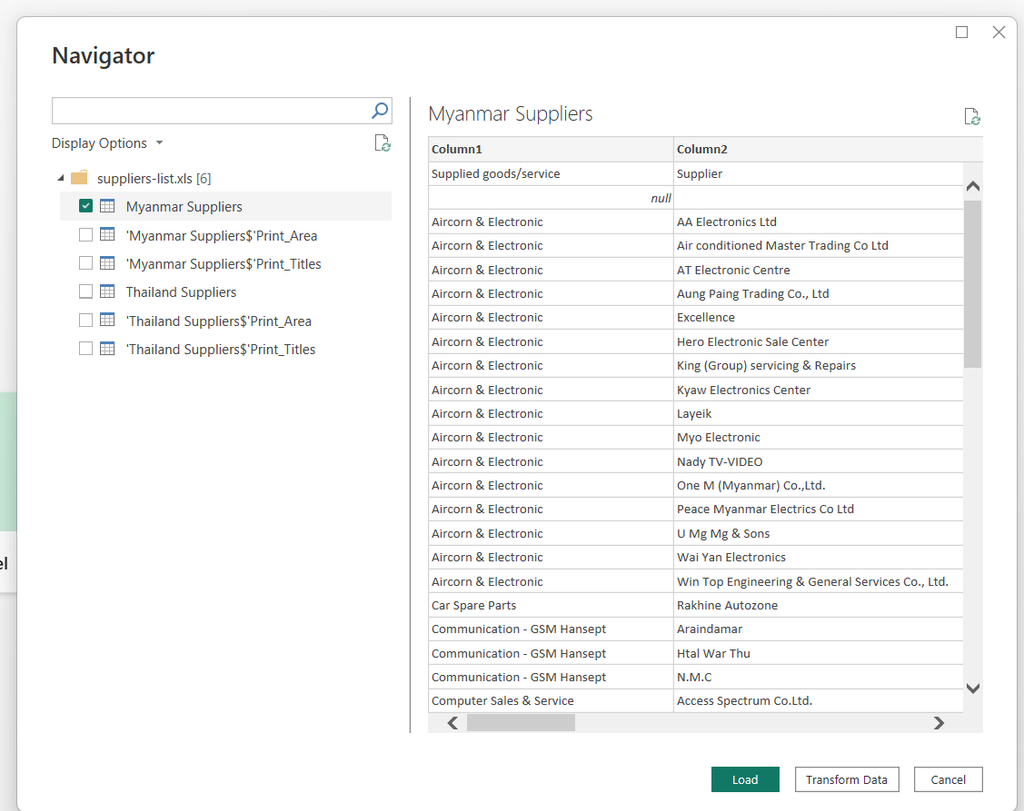 Power BI Navigator window with the Myanmar Suppliers sheet selected and a preview of supplier data