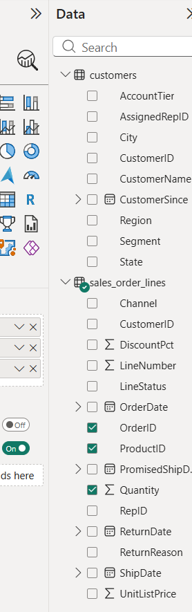 Data pane with both tables expanded and OrderID, ProductID and Quantity checked in sales_order_lines