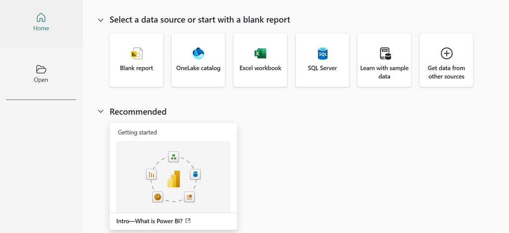 Power BI Desktop home screen with data source options including Blank report, Excel workbook and SQL Server