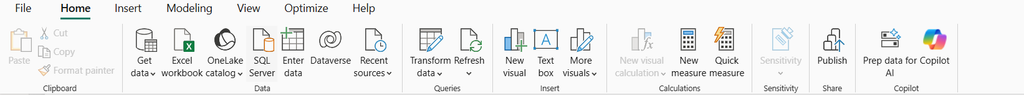 Power BI Desktop Home ribbon showing the Transform data button