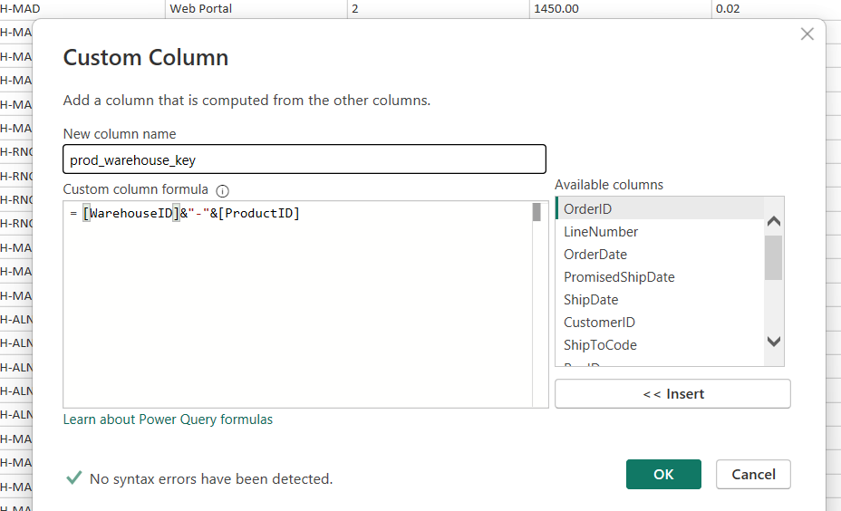 Power Query Custom Column dialog creating a column named prod_warehouse_key with a formula that joins WarehouseID, a dash and ProductID