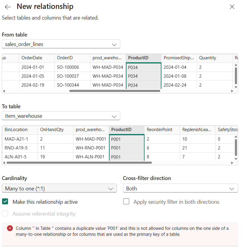 New relationship window linking ProductID in sales_order_lines to ProductID in item_warehouse, with an error that the column contains the duplicate value P001 on the one side of a many-to-one relationship
